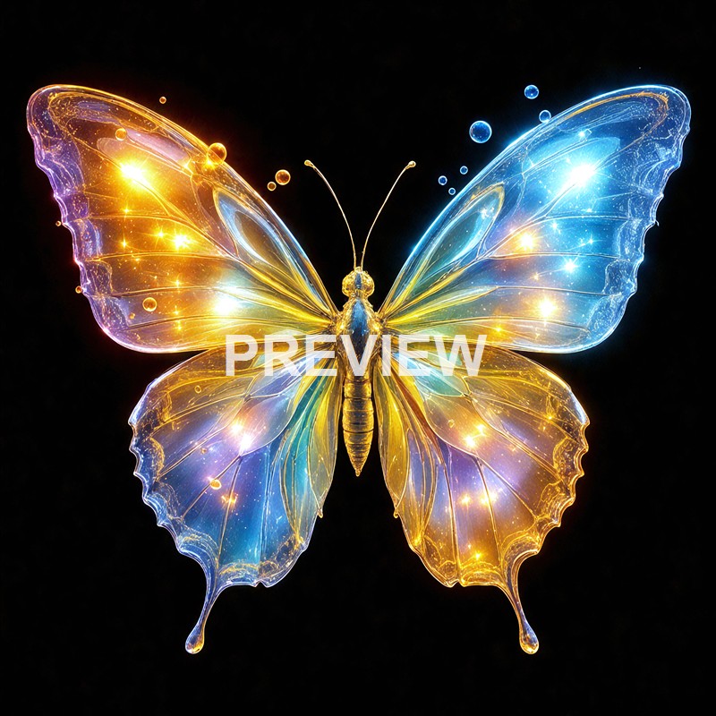 A digitally enhanced, glowing butterfly with iridescent blue and yellow wings against a black background, featuring sparkling light effects and intricate details.